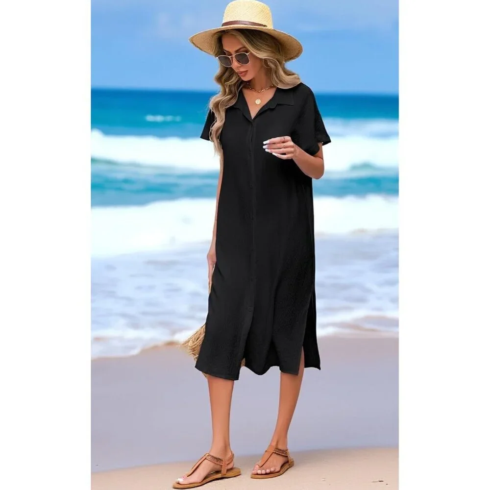 Women's Black Button Down Bathing Short Sleeve Swimsuit Cover Up Beach Dress